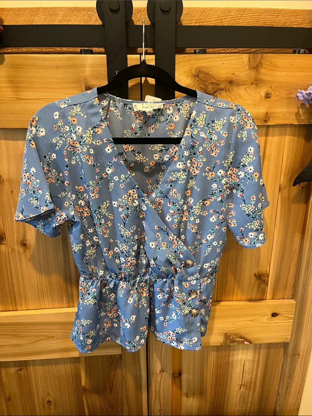Pink Rose Blue Floral Wrap Peplum Top with Side Buttons